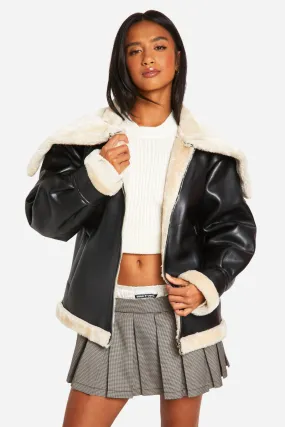 Petite Faux Fur Collar Leather Jacket