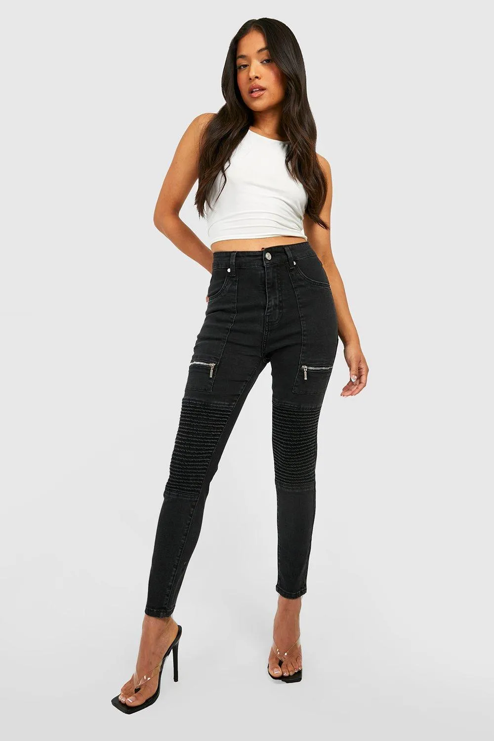 Petite Zip Panel Detail Biker Skinny Jeans