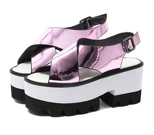 Pink Metallic White Cross Straps Shiny Mirror Punk Rock Platforms