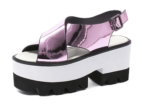 Pink Metallic White Cross Straps Shiny Mirror Punk Rock Platforms