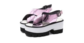 Pink Metallic White Cross Straps Shiny Mirror Punk Rock Platforms