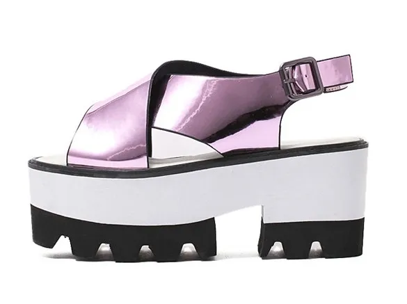 Pink Metallic White Cross Straps Shiny Mirror Punk Rock Platforms