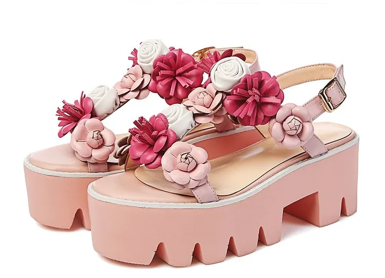 Pink Floral Roses T Straps Fancy Sling Back Platforms