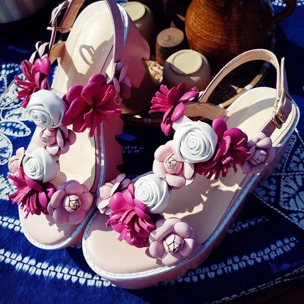 Pink Floral Roses T Straps Fancy Sling Back Platforms