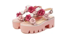 Pink Floral Roses T Straps Fancy Sling Back Platforms