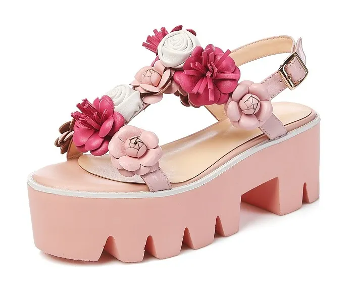 Pink Floral Roses T Straps Fancy Sling Back Platforms