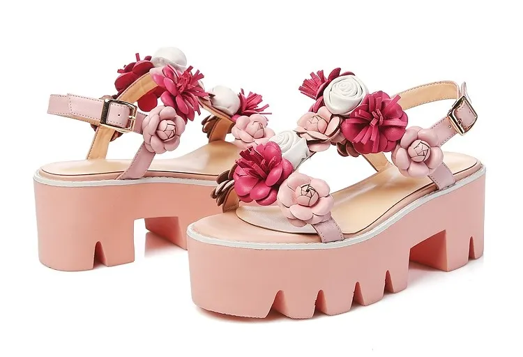 Pink Floral Roses T Straps Fancy Sling Back Platforms