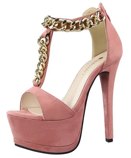 Suede Metal Gold Chain Platforms T Strap Stiletto High Heels Sandals