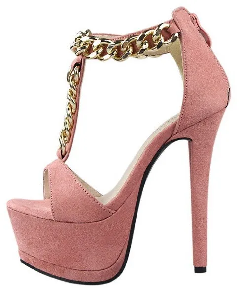 Suede Metal Gold Chain Platforms T Strap Stiletto High Heels Sandals