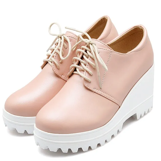 Pink White Platforms Wedges Sole Lace Up Casual Shoes