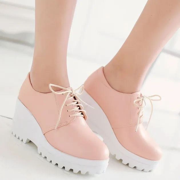 Pink White Platforms Wedges Sole Lace Up Casual Shoes