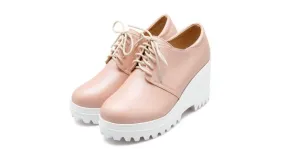 Pink White Platforms Wedges Sole Lace Up Casual Shoes