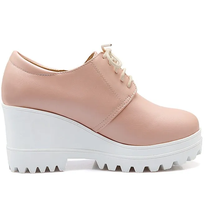 Pink White Platforms Wedges Sole Lace Up Casual Shoes