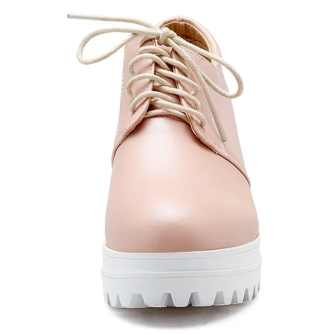 Pink White Platforms Wedges Sole Lace Up Casual Shoes