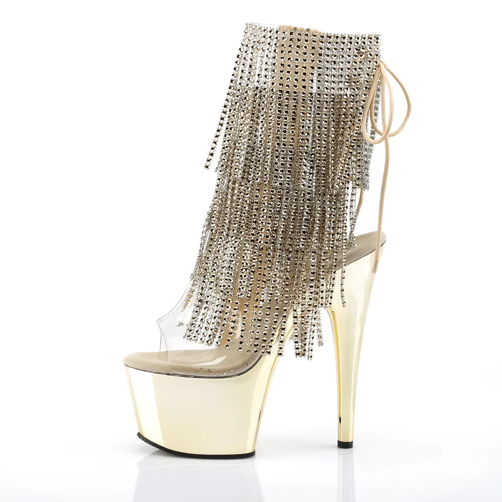 PLEASER Gold Fringe Lace-Up Stiletto Heels with Platform