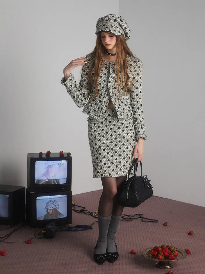 Polka Dot Tweed No-Collar Jacket & Skirt