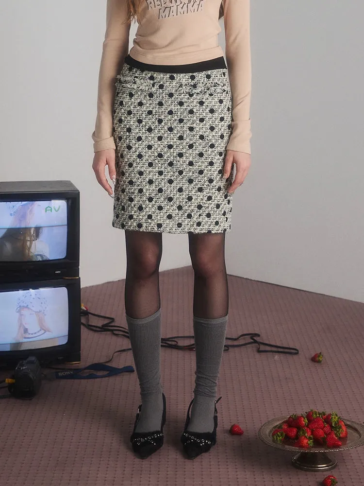 Polka Dot Tweed No-Collar Jacket & Skirt