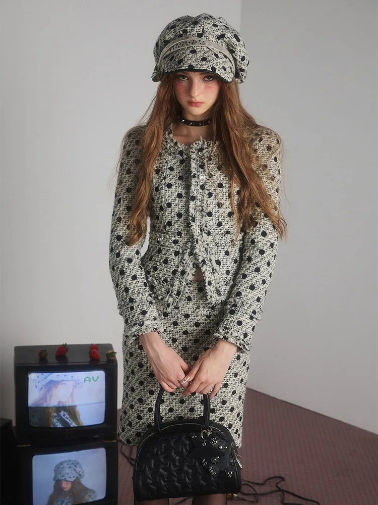 Polka Dot Tweed No-Collar Jacket & Skirt