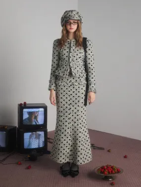 Polka Dot Tweed No-Collar Jacket & Skirt