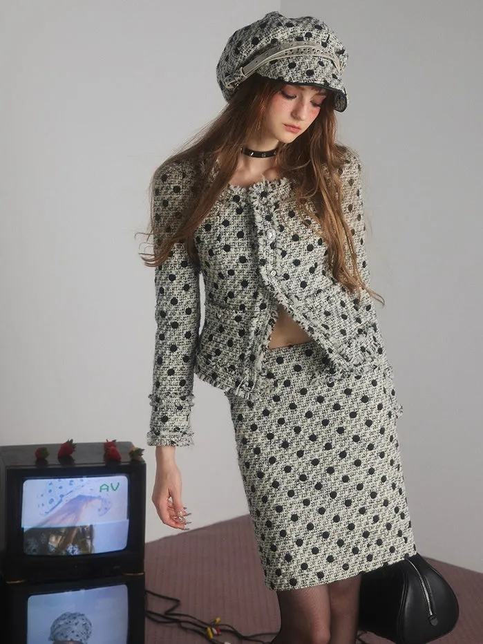 Polka Dot Tweed No-Collar Jacket & Skirt