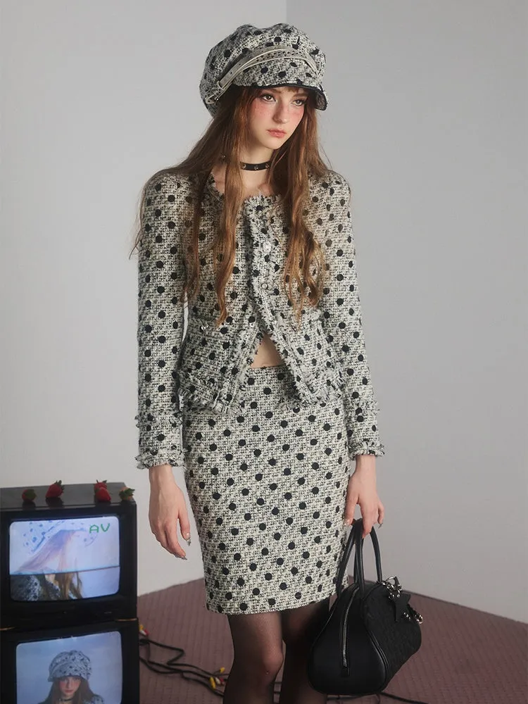 Polka Dot Tweed No-Collar Jacket & Skirt