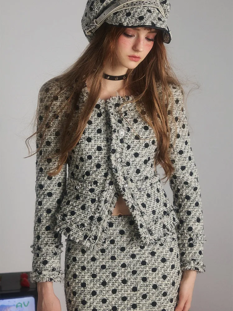 Polka Dot Tweed No-Collar Jacket & Skirt