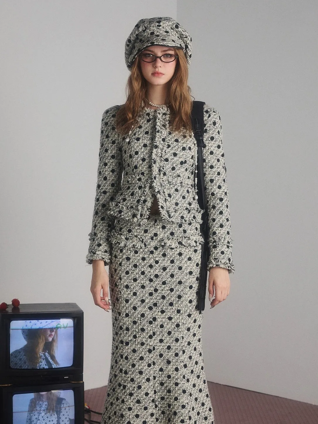 Polka Dot Tweed No-Collar Jacket & Skirt