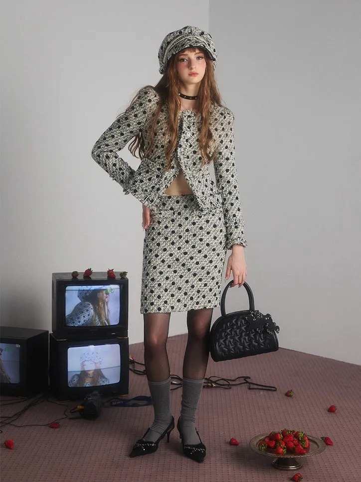 Polka Dot Tweed No-Collar Jacket & Skirt