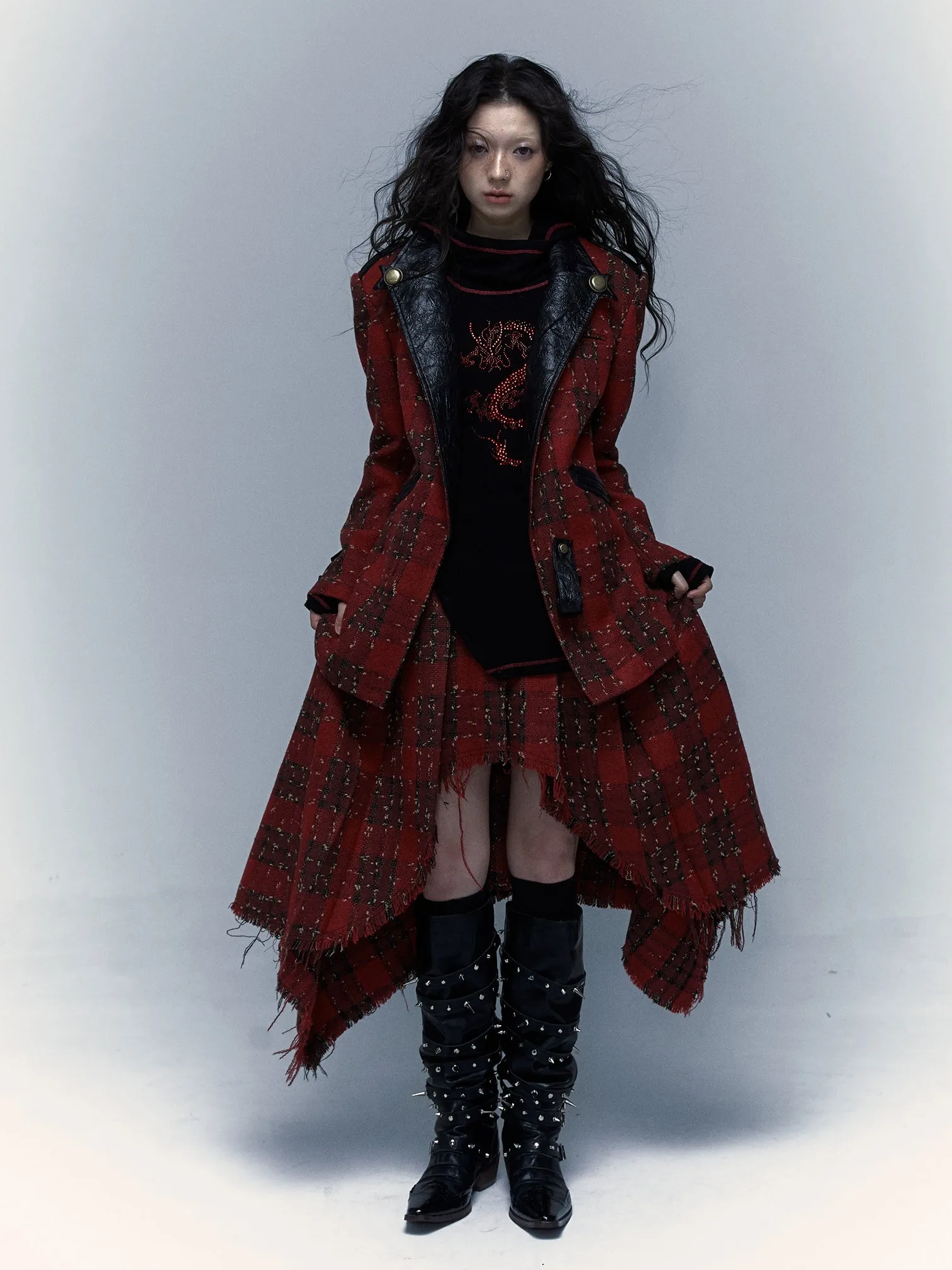 Punk Leather Splicing Plaid Jacket