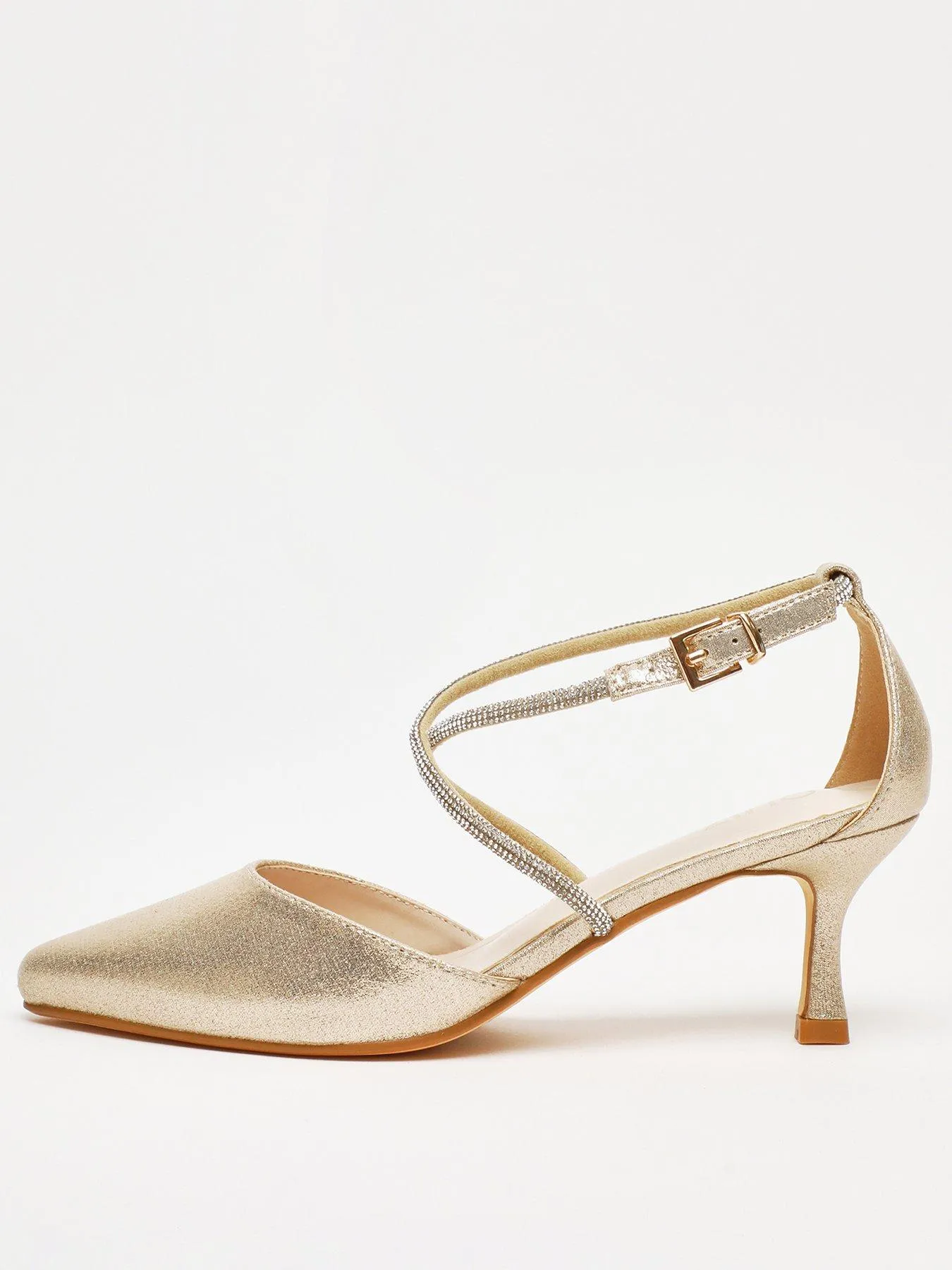 Quiz Gold Satin Cross Strap Court Heels