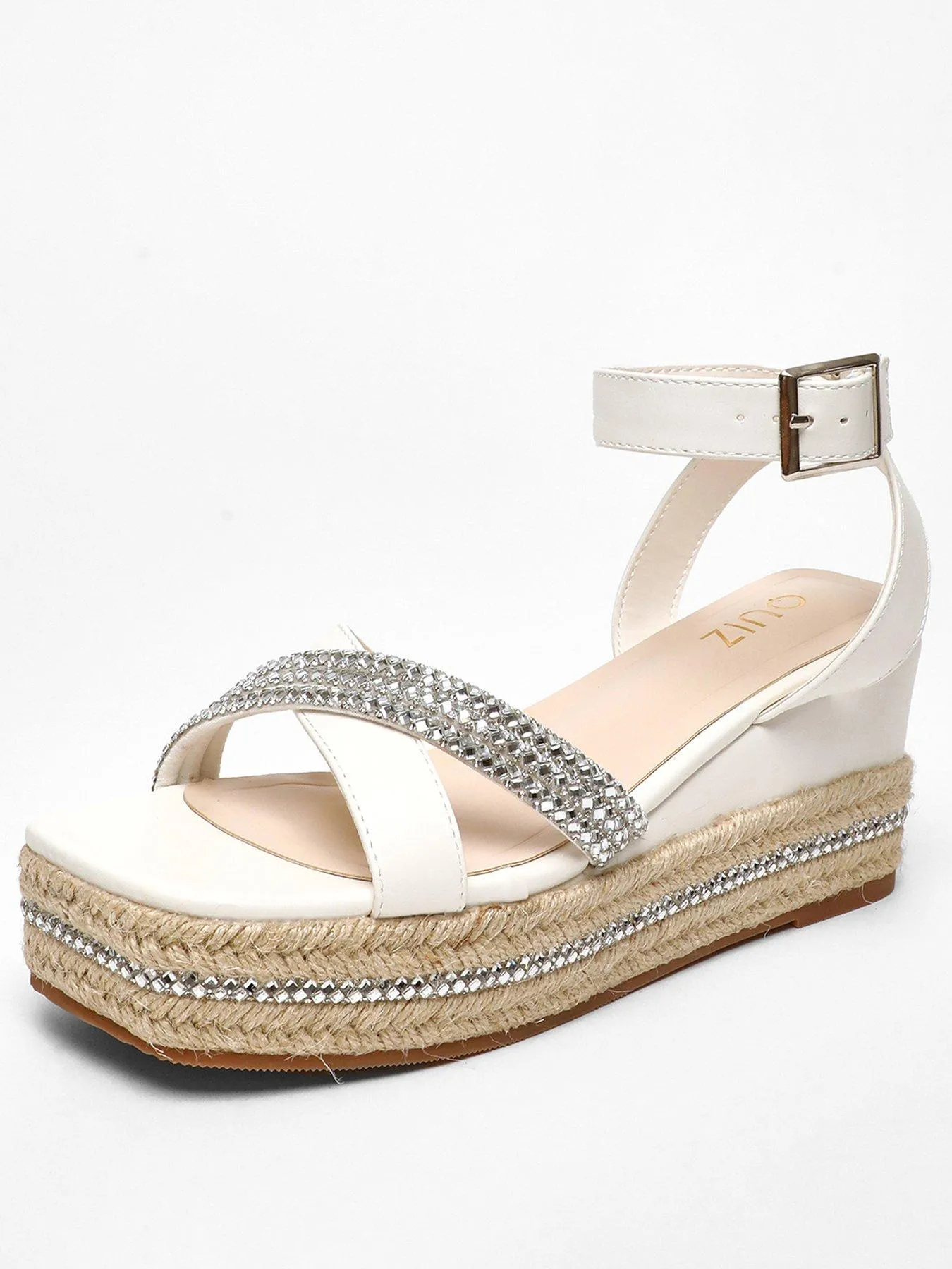 Trendy White Faux Leather Woven Wedges with Diamante