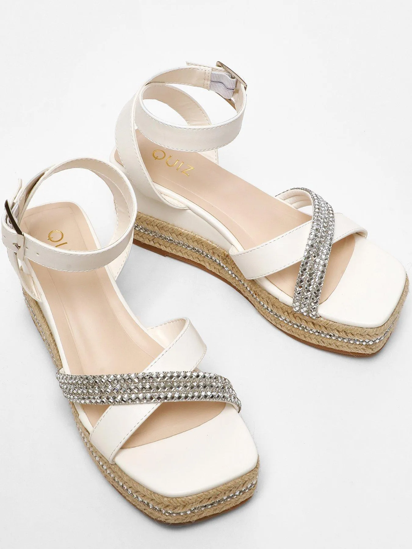 Trendy White Faux Leather Woven Wedges with Diamante