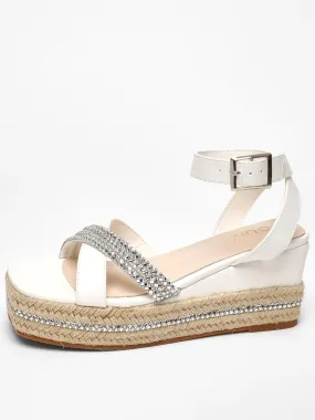 Trendy White Faux Leather Woven Wedges with Diamante