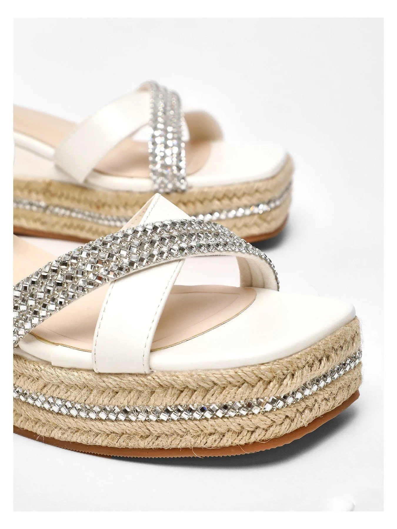 Trendy White Faux Leather Woven Wedges with Diamante