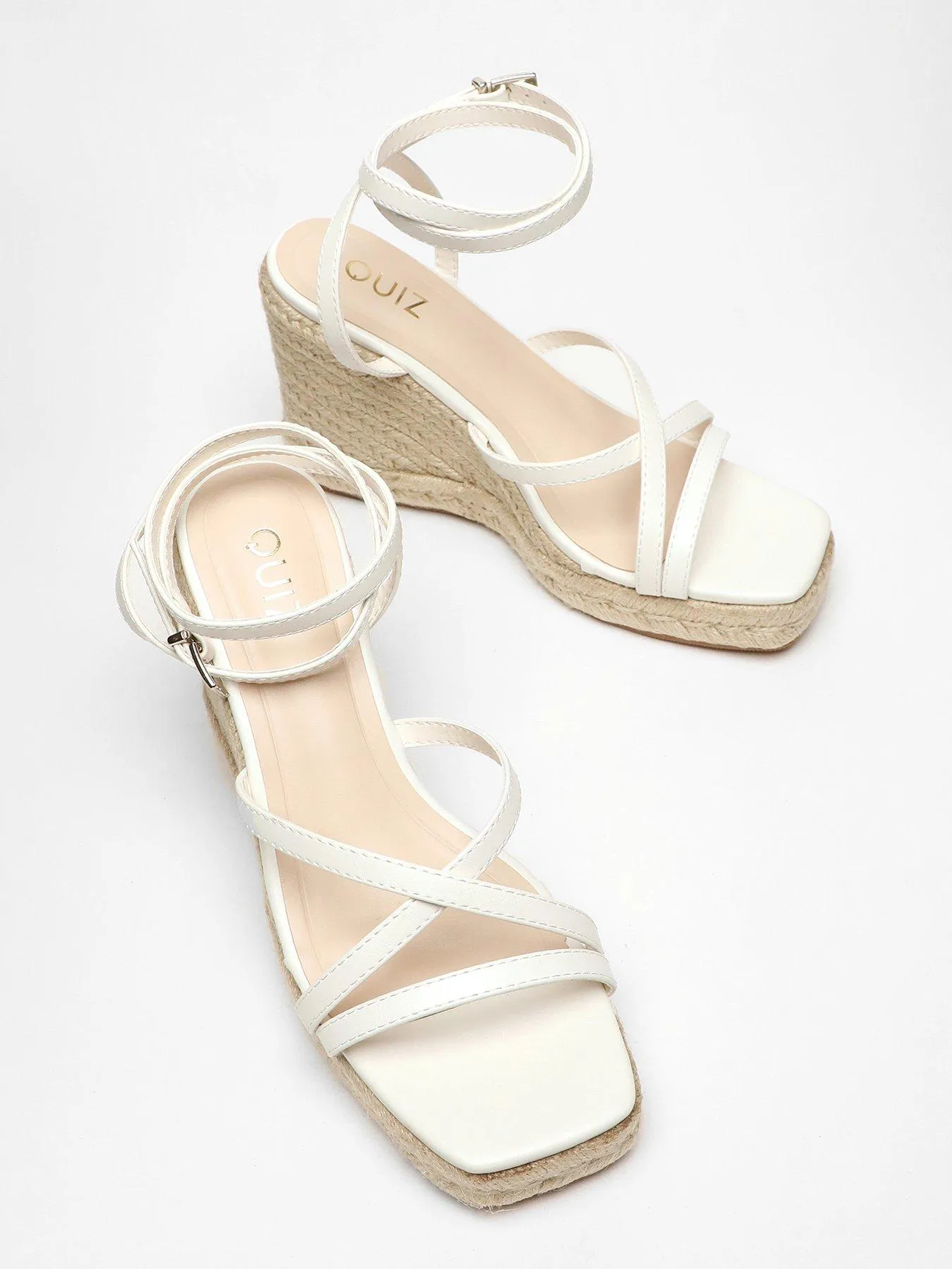 Chic White Strappy Faux Leather Woven Wedge Sandals