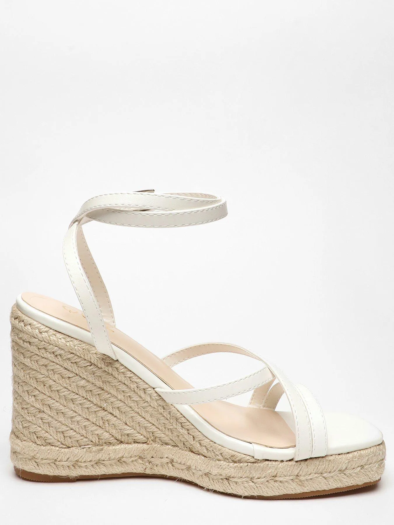 Chic White Strappy Faux Leather Woven Wedge Sandals