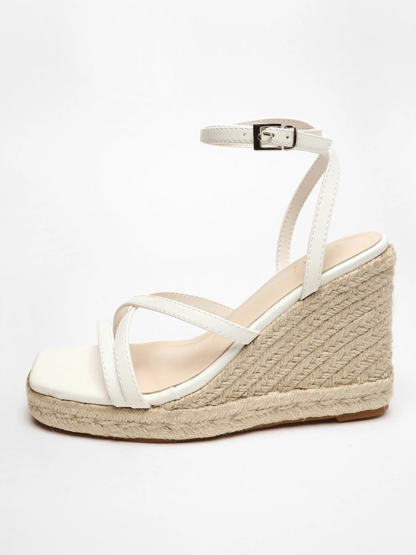 Chic White Strappy Faux Leather Woven Wedge Sandals