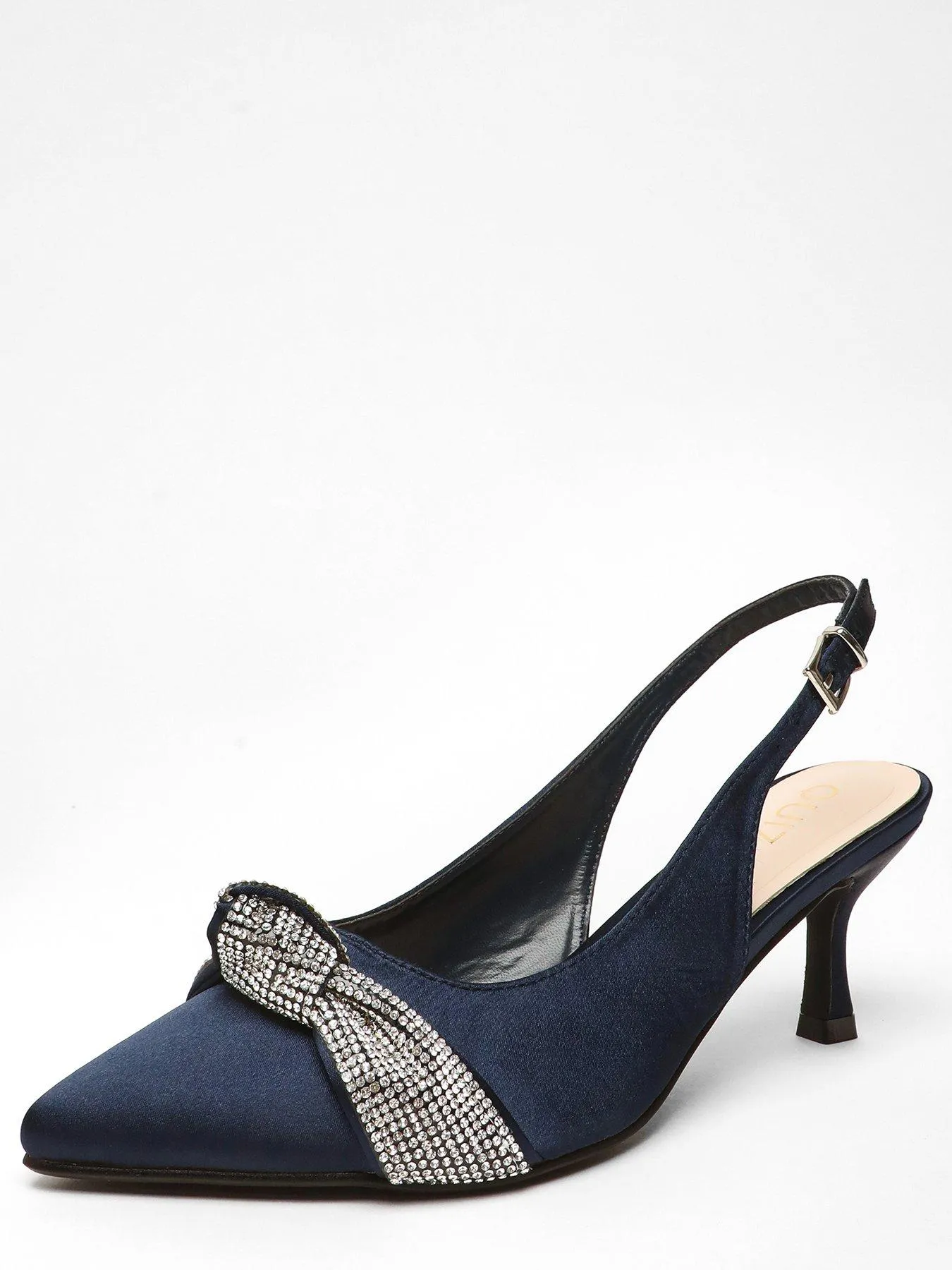 Quiz Wide Fit Navy Diamante Knot Sling Back Low Heels