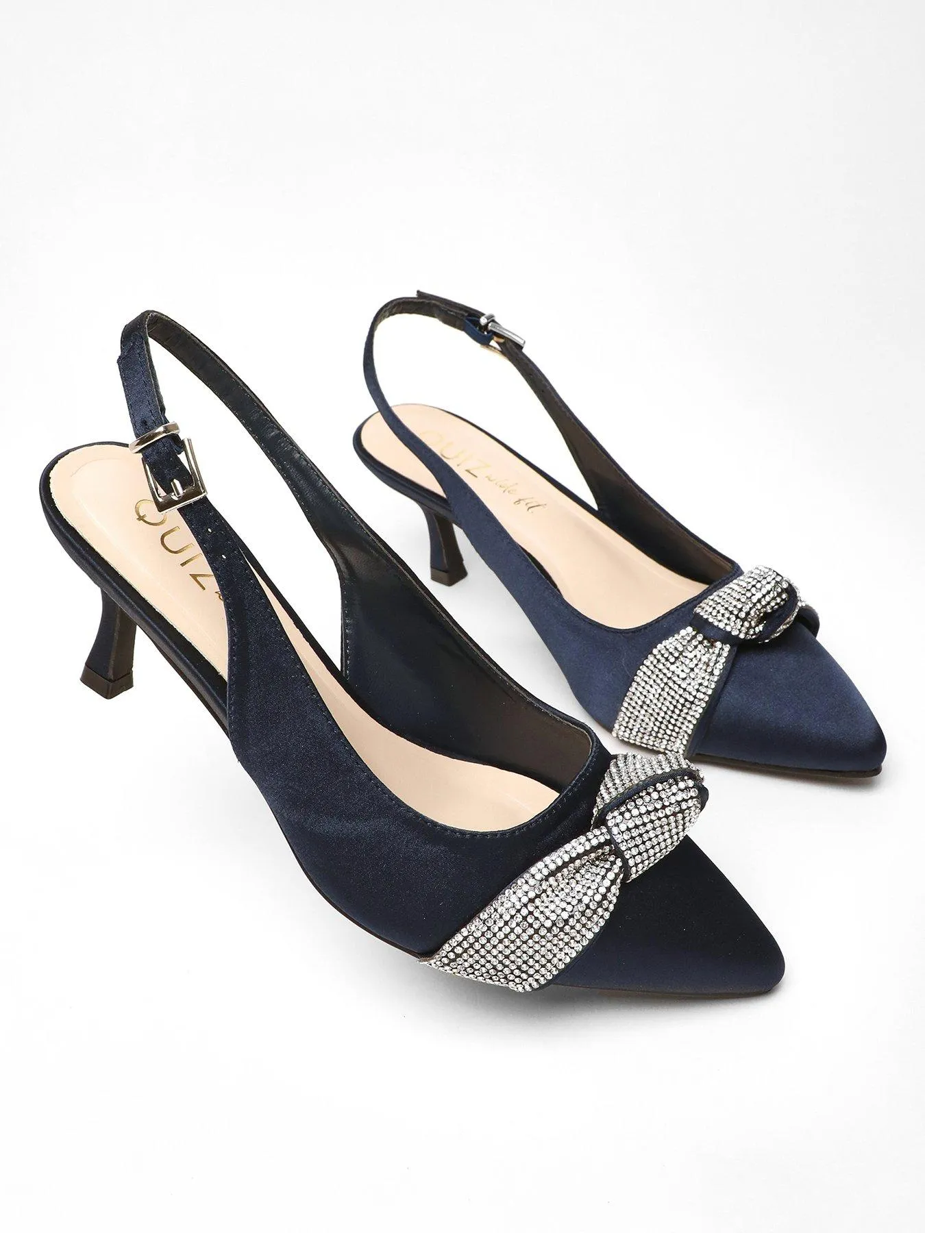 Quiz Wide Fit Navy Diamante Knot Sling Back Low Heels