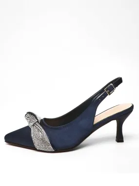 Quiz Wide Fit Navy Diamante Knot Sling Back Low Heels