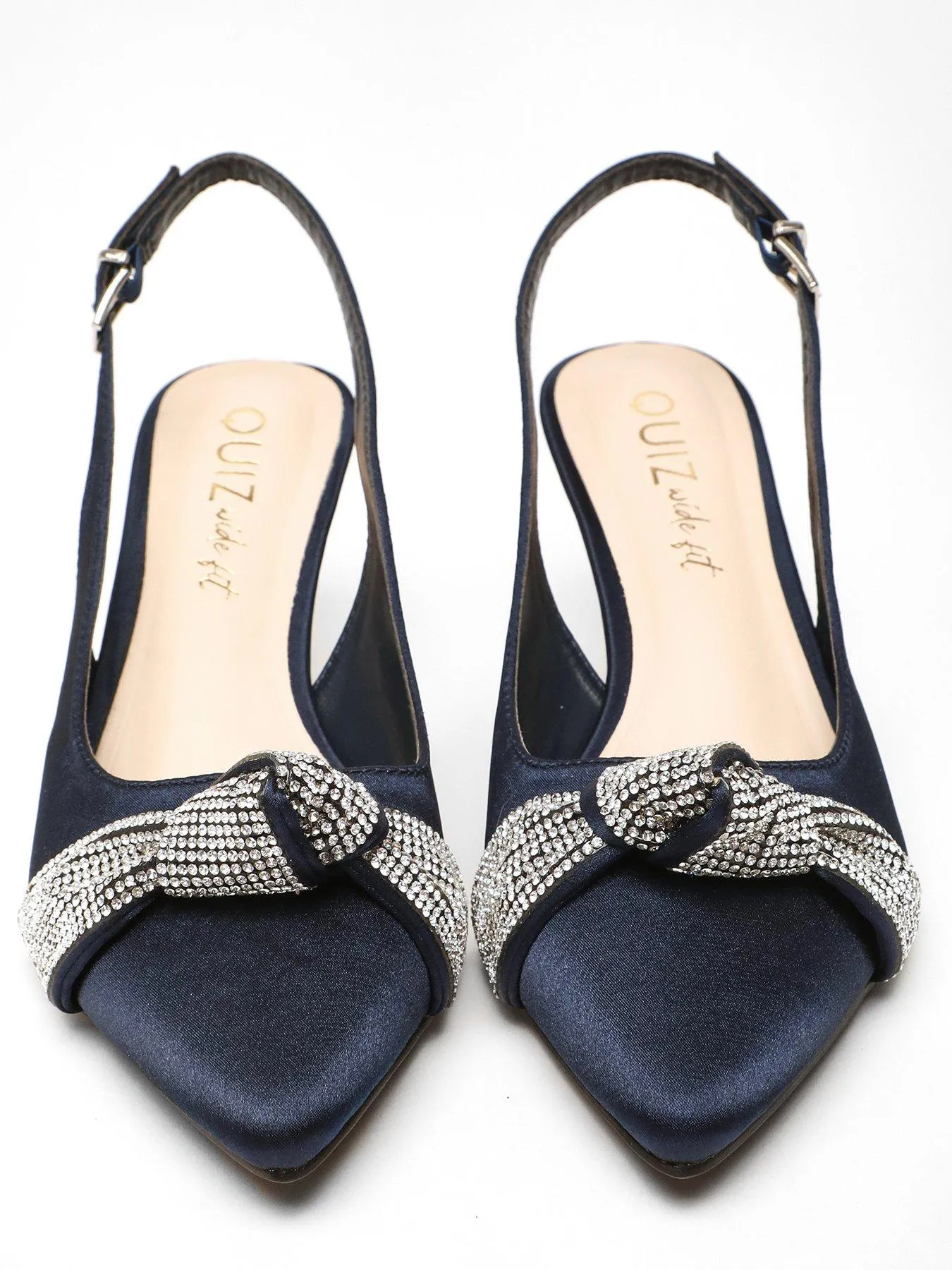 Quiz Wide Fit Navy Diamante Knot Sling Back Low Heels