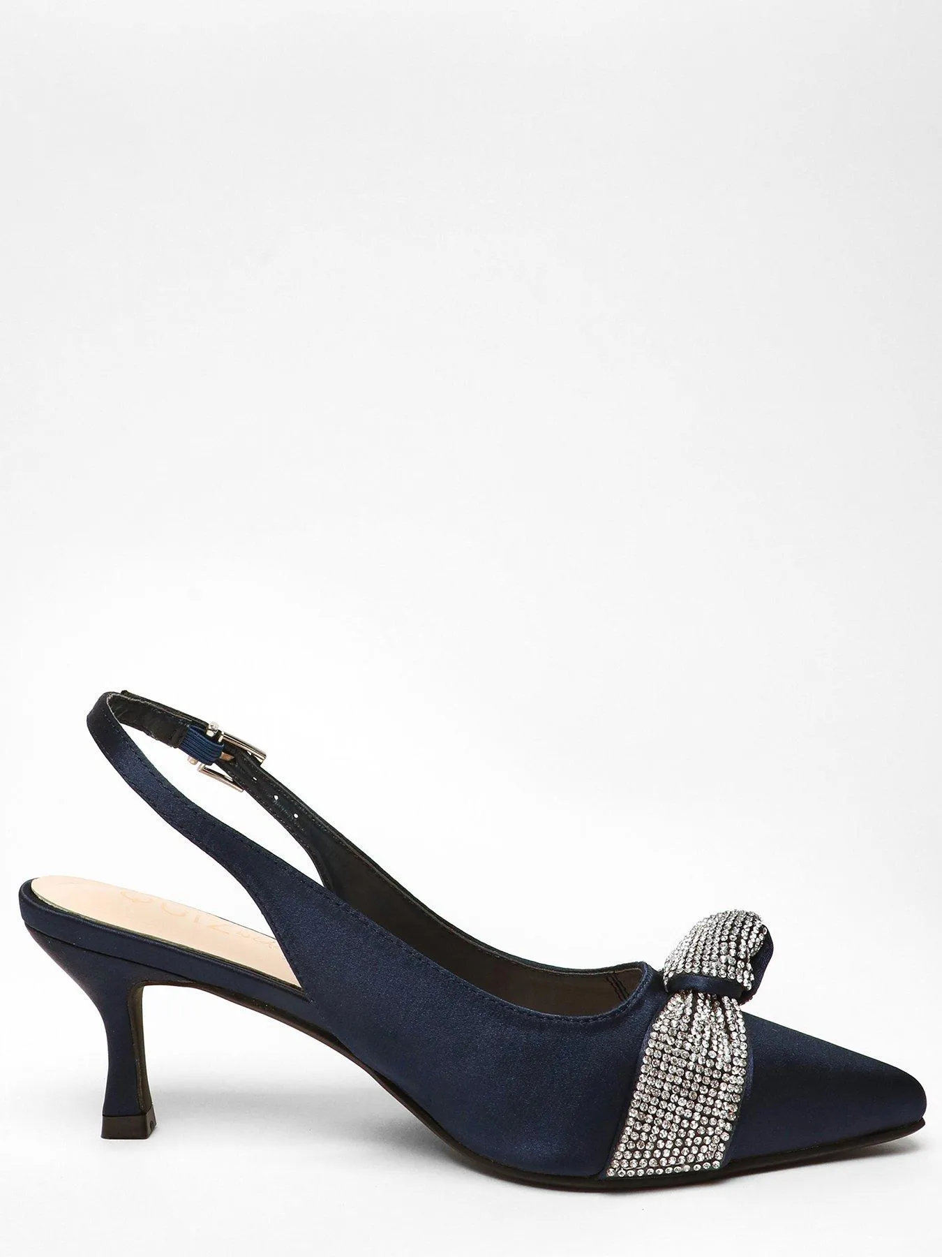 Quiz Wide Fit Navy Diamante Knot Sling Back Low Heels