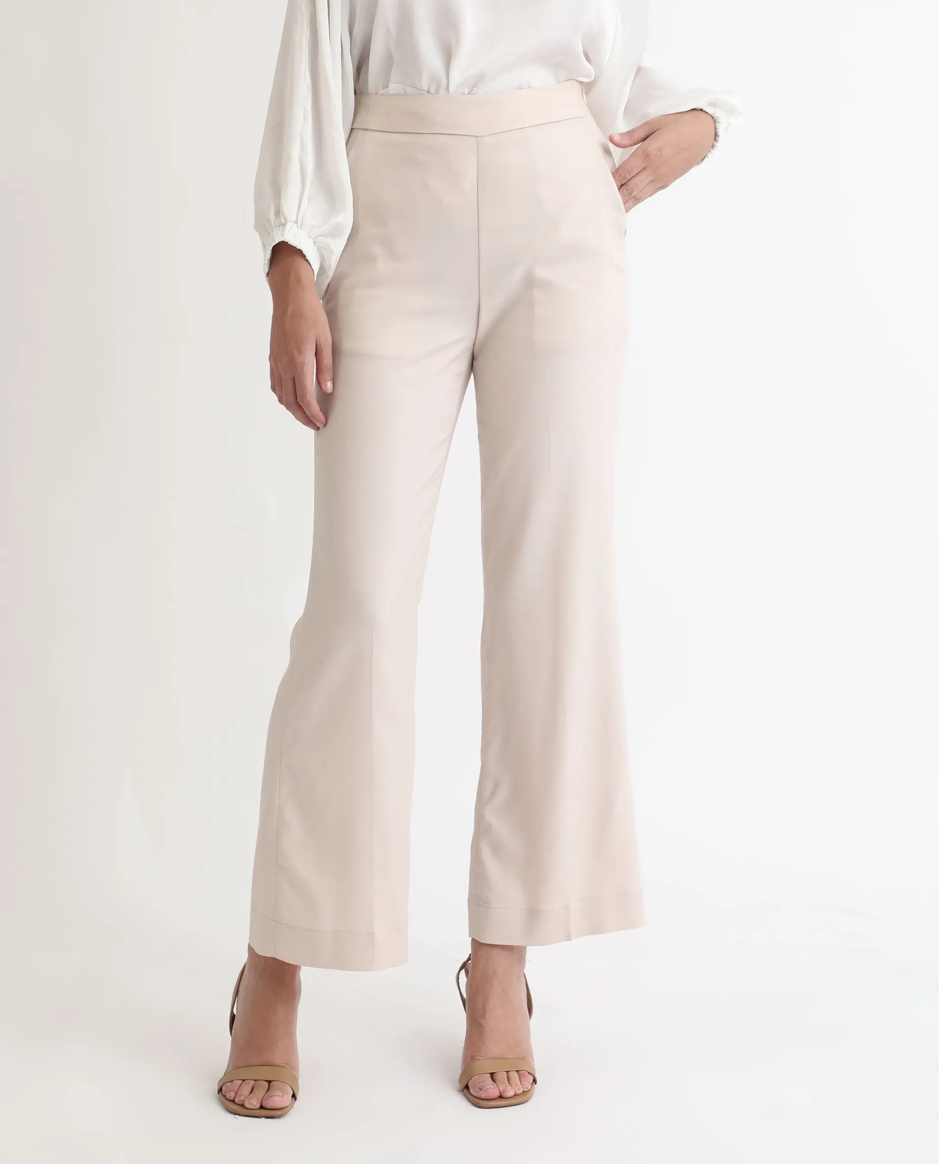 Rareism Women Rotel Light Beige Polyester Fabric Tailored Fit Mid Rise Solid Ankle Length Trousers