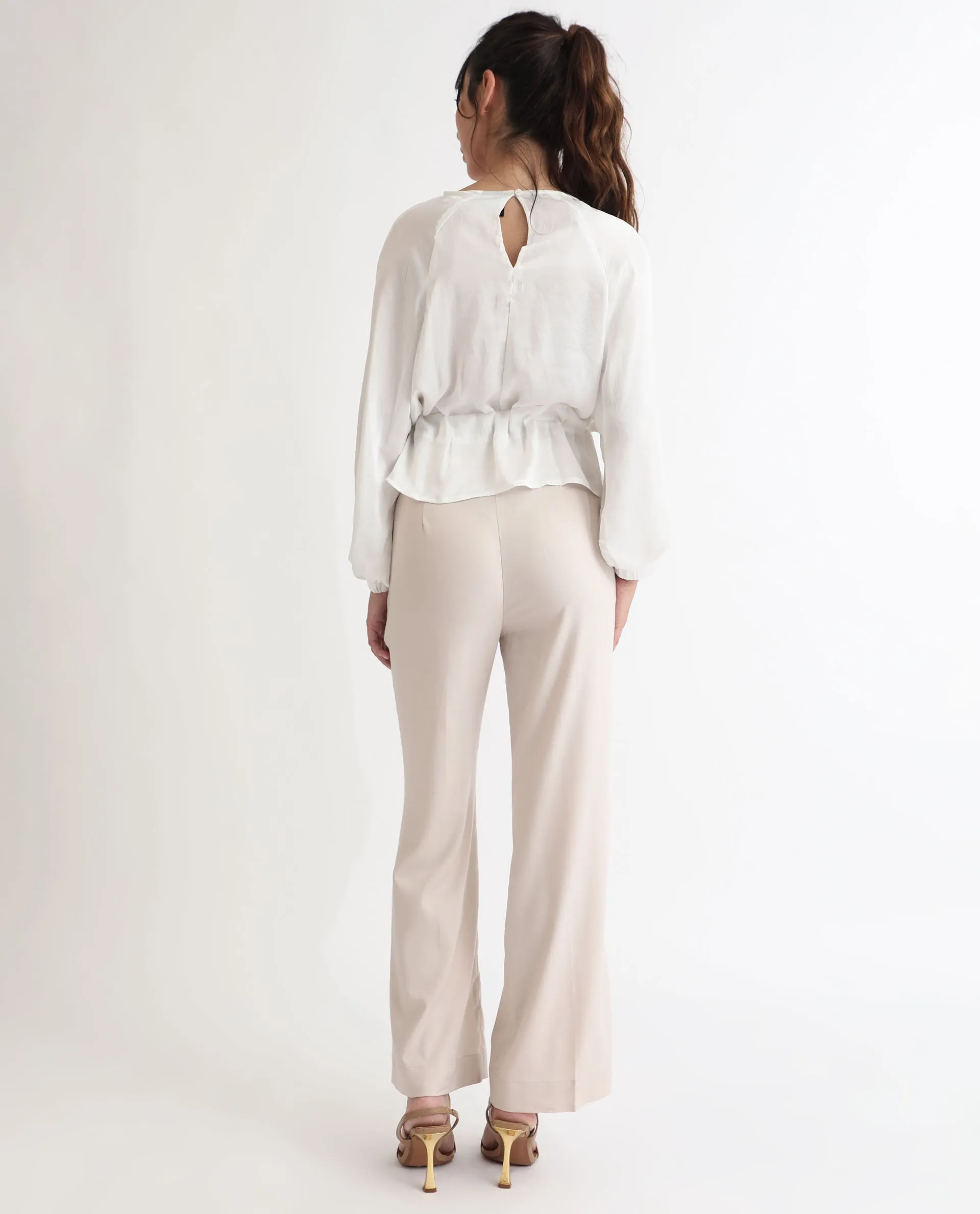 Rareism Women Rotel Light Beige Polyester Fabric Tailored Fit Mid Rise Solid Ankle Length Trousers