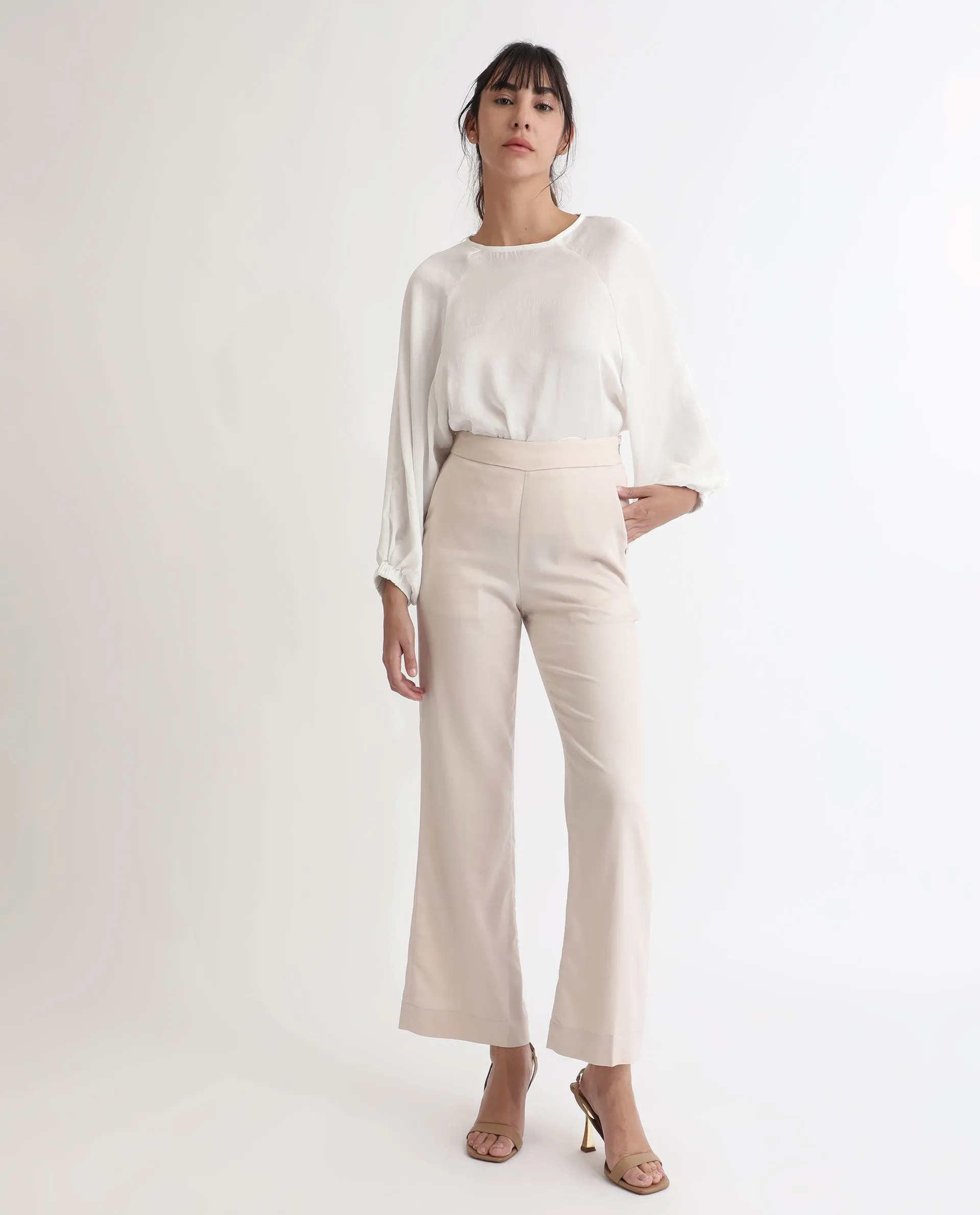 Rareism Women Rotel Light Beige Polyester Fabric Tailored Fit Mid Rise Solid Ankle Length Trousers