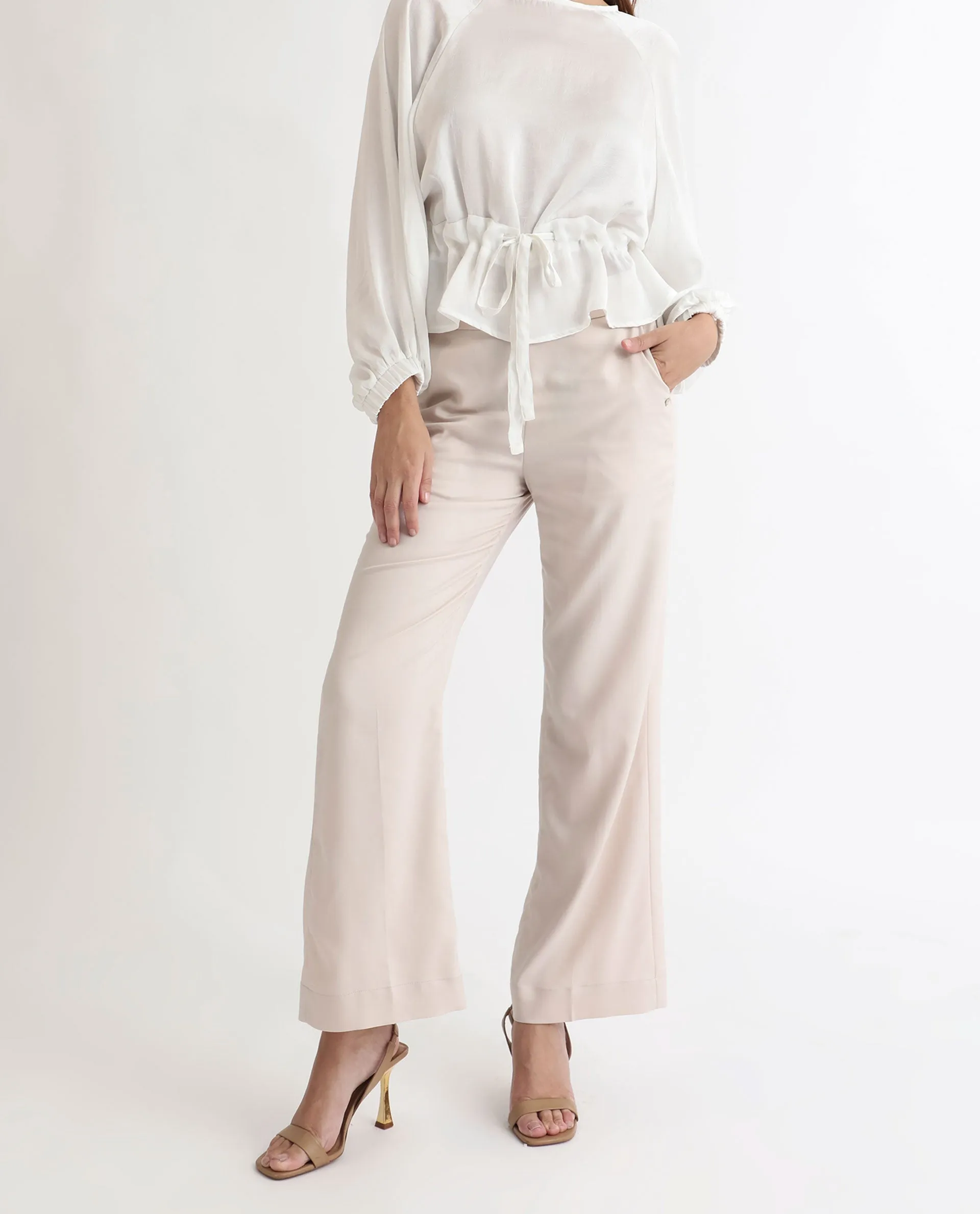 Rareism Women Rotel Light Beige Polyester Fabric Tailored Fit Mid Rise Solid Ankle Length Trousers