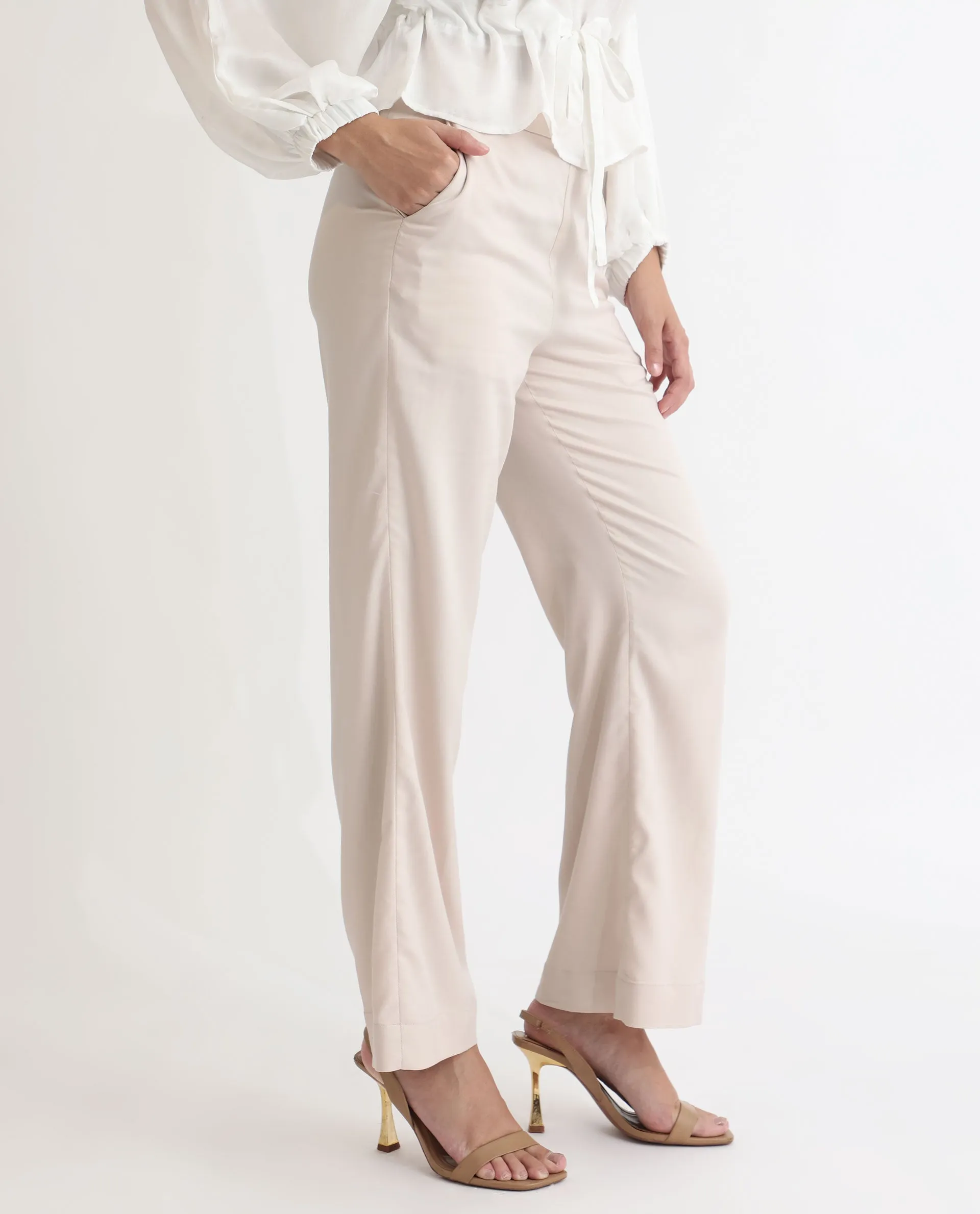 Rareism Women Rotel Light Beige Polyester Fabric Tailored Fit Mid Rise Solid Ankle Length Trousers