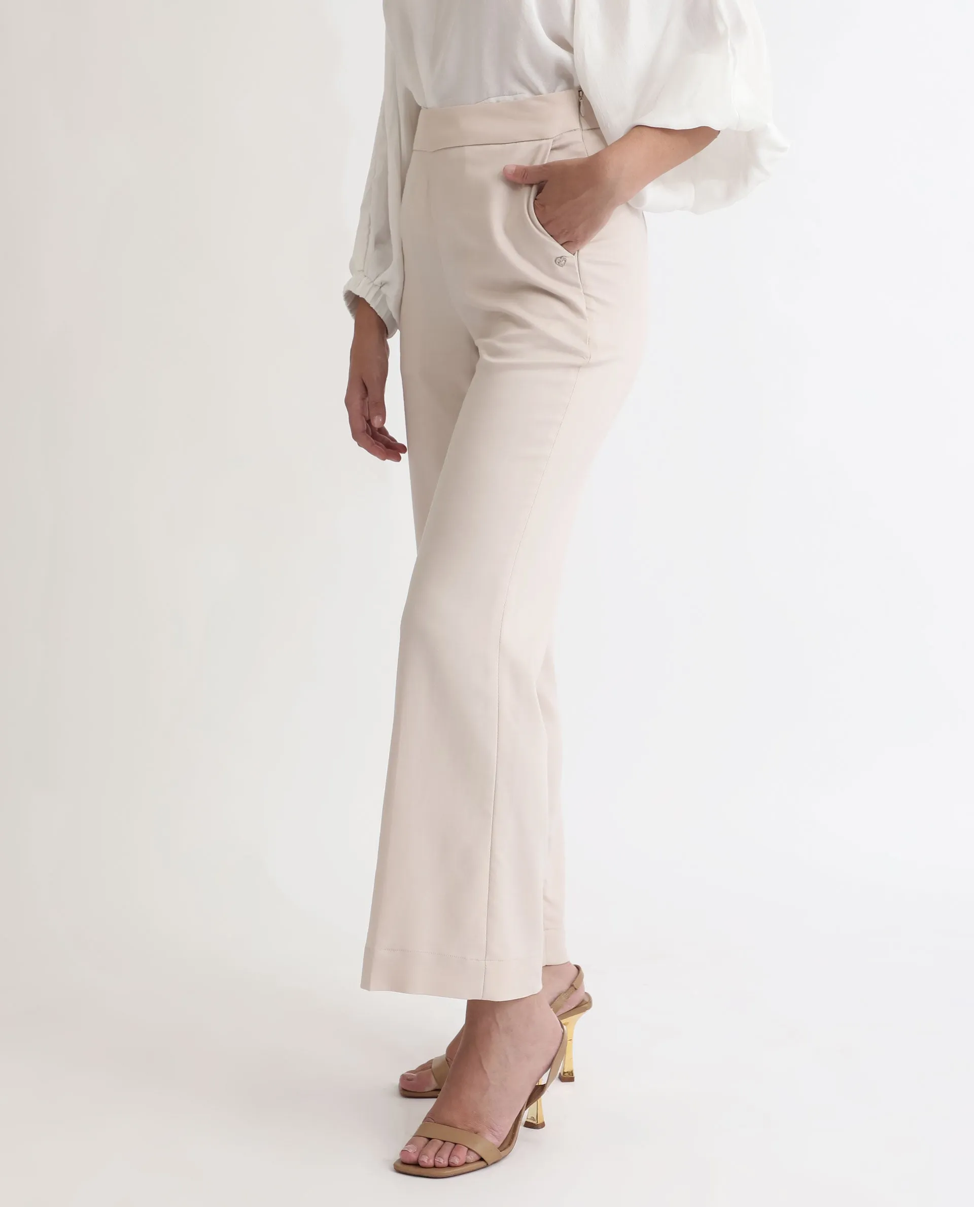 Rareism Women Rotel Light Beige Polyester Fabric Tailored Fit Mid Rise Solid Ankle Length Trousers