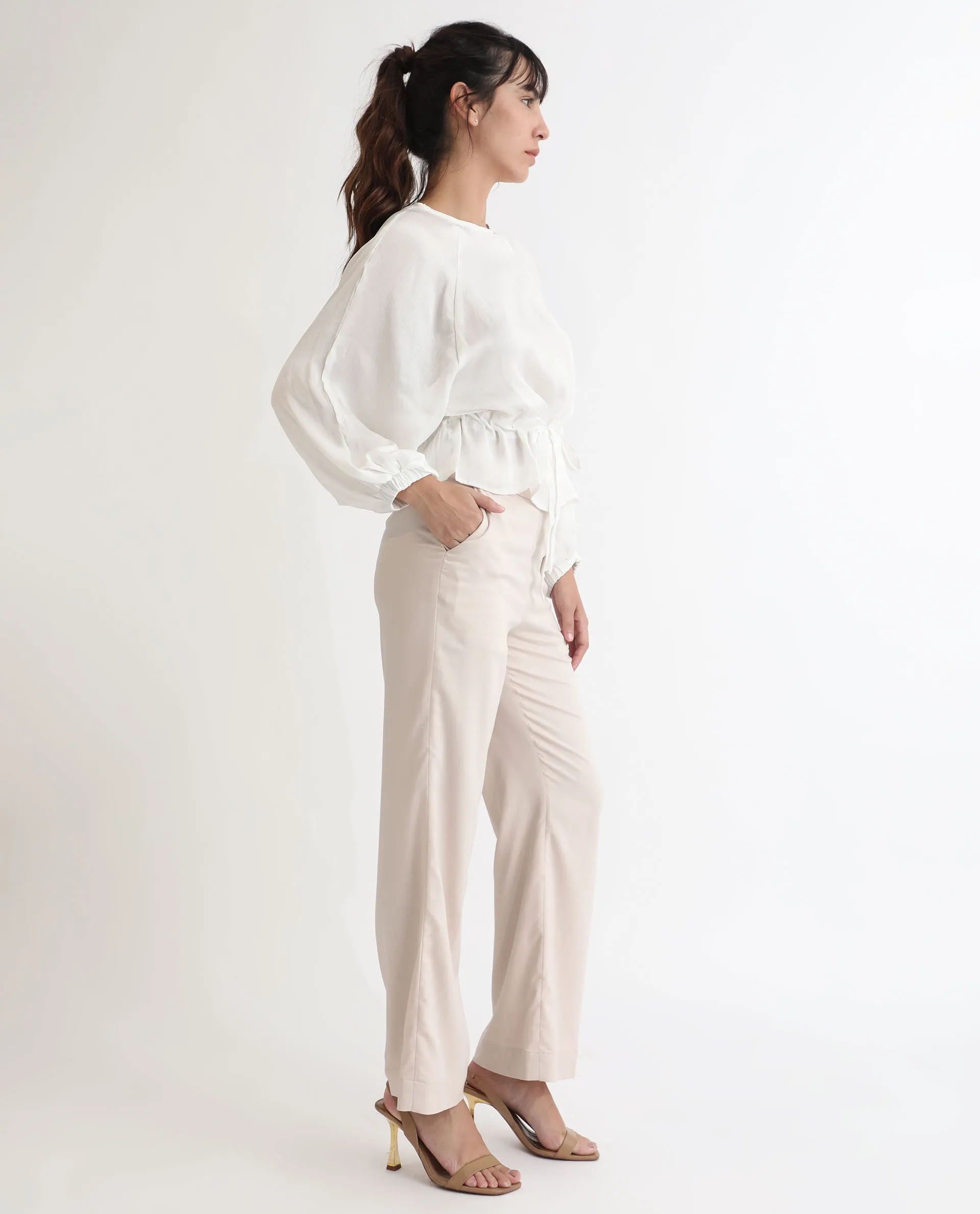 Rareism Women Rotel Light Beige Polyester Fabric Tailored Fit Mid Rise Solid Ankle Length Trousers