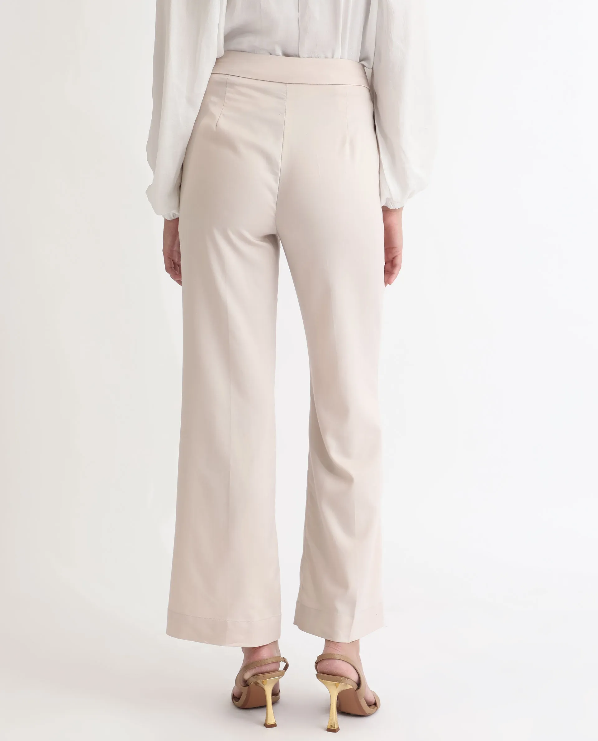 Rareism Women Rotel Light Beige Polyester Fabric Tailored Fit Mid Rise Solid Ankle Length Trousers